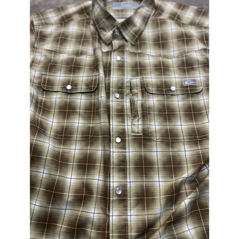 Drake Waterfowl Wingshooter Shirt Mens Large Brown Plaid Pearl Snap‎ Fishing L